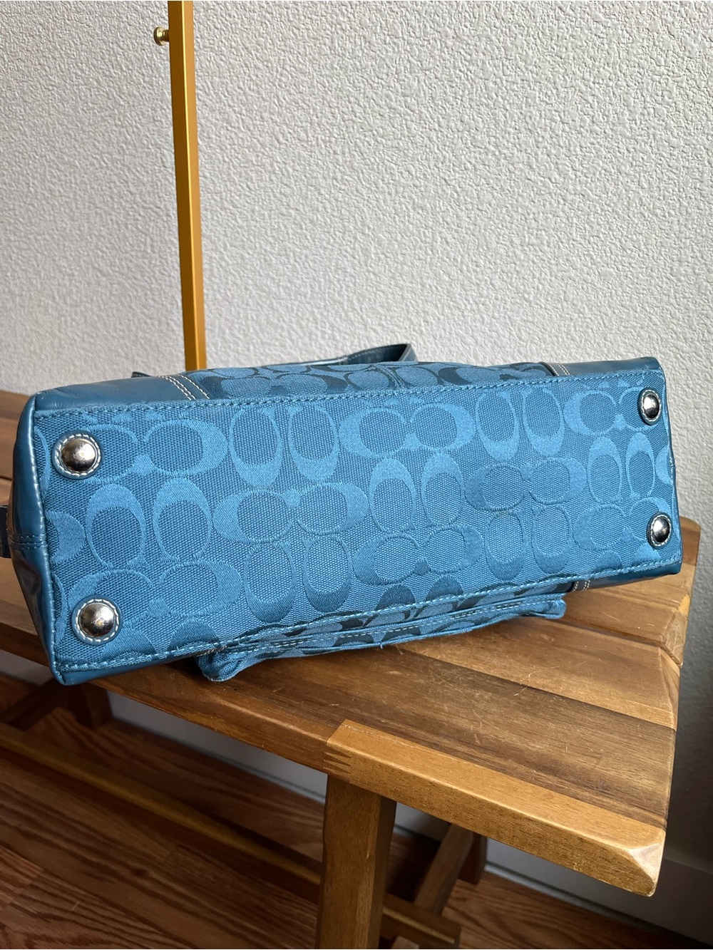 Coach Teal Signature Jacquard Satchel with Front Turn-Lock - Picture 3 of 16